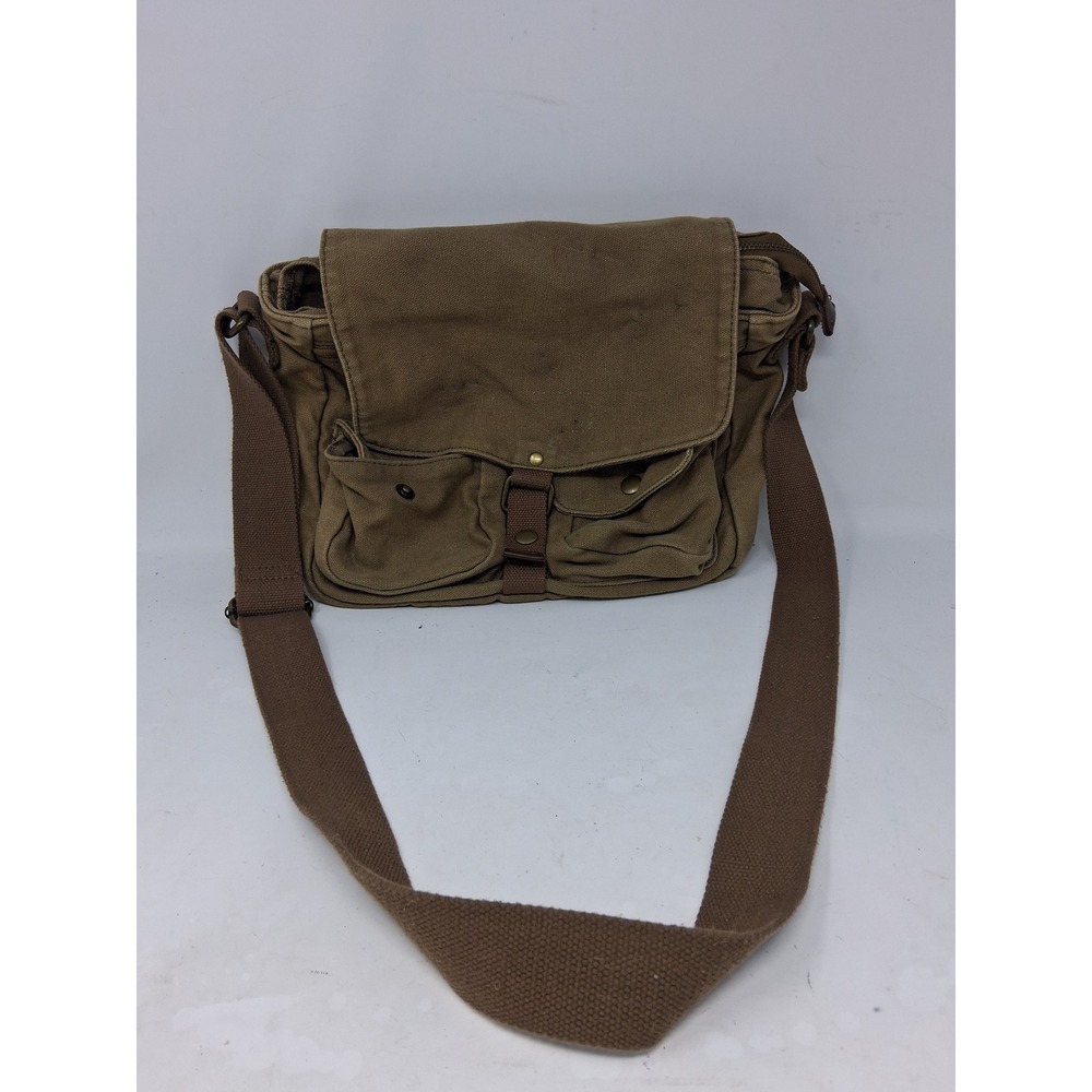 Vintage Style Khaki Brown Canvas Messenger Bag Crossbody Multi-Pocket Field Bag